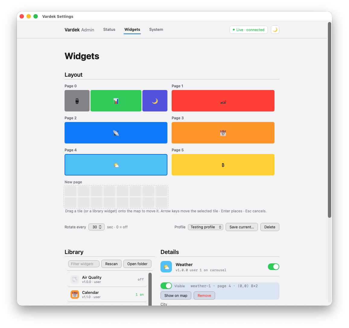 Vardek Admin — widget library and carousel layout